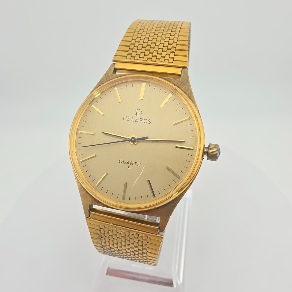 Vtg HELBROS Mens Watch Minimalist Dial Textured Mesh Link Band Gold Plate 7.75"